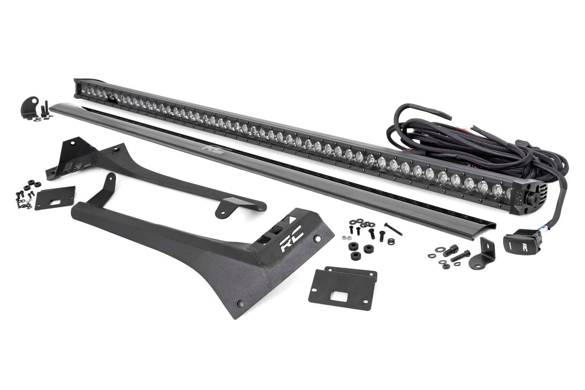 Jeep 50-inch Straight LED Light Bar Upper Windshield Kit w/ Single-Row Black Series LED | White DRL (20-22 Gladiator JT, 18-22 Wrangler JL)